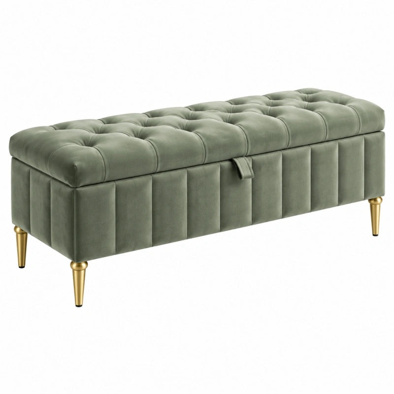 Sitzbank 120 x 45 x 48 cm aus Samt Olivgrün mit Stauraum und Knopfheftung