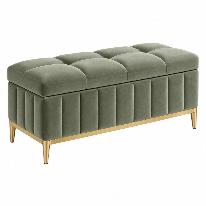 Sitzbank 120 x 45 x 48 cm aus Samt Olivgrün mit Stauraum und gepolsterter Sitzfläche