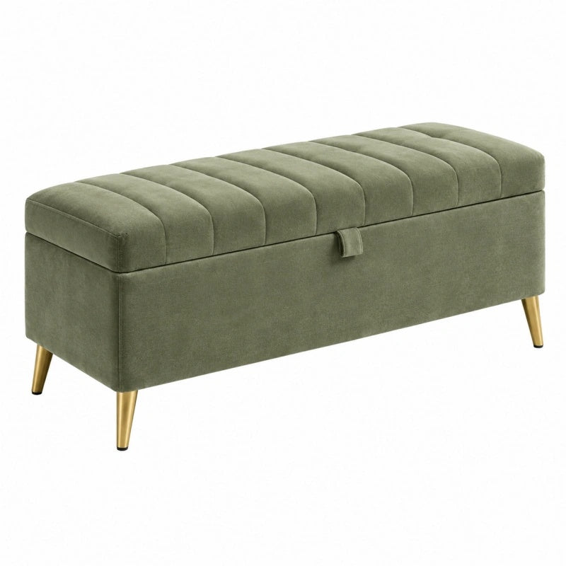 Sitzbank 110 x 40 x 45 cm Samt Olivgrün mit Stauraum und Steppung