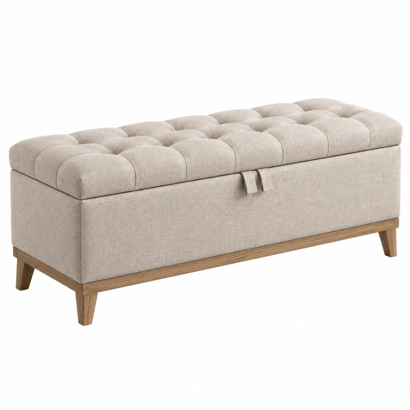 Sitzbank 120 cm Stoff Beige mit Stauraum Holzgestell Chesterfield Stil