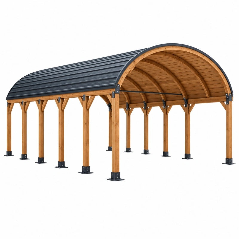 Carport 600 x 300 x 260 cm aus Holz in Naturbraun mit anthrazitfarbenem Bogendach für Fahrzeuge
