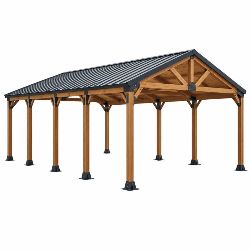 Carport 600 x 300 x 300 cm aus Holz Braun mit schwarzem Metalldach im Satteldachstil