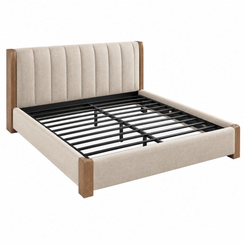 Polsterbett 160 x 200 cm Beige mit Holzrahmen und Metall-Lattenrost