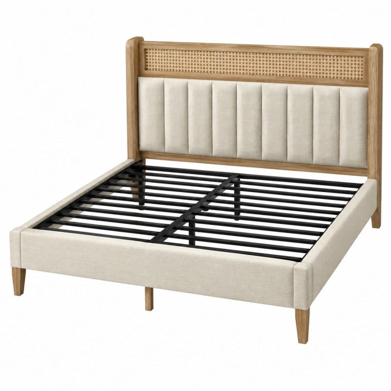 Polsterbett 160 x 200 cm Beige Holz Rattangeflecht mit Metalllattenrost