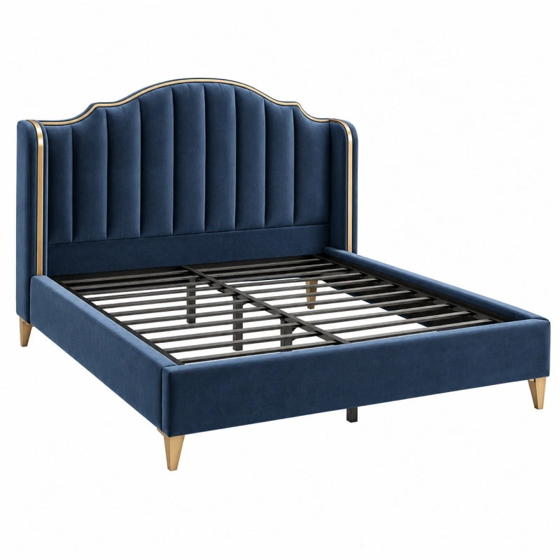 Bettgestell 160 x 200 cm Samt Dunkelblau mit Metalllattenrost Glamourstil